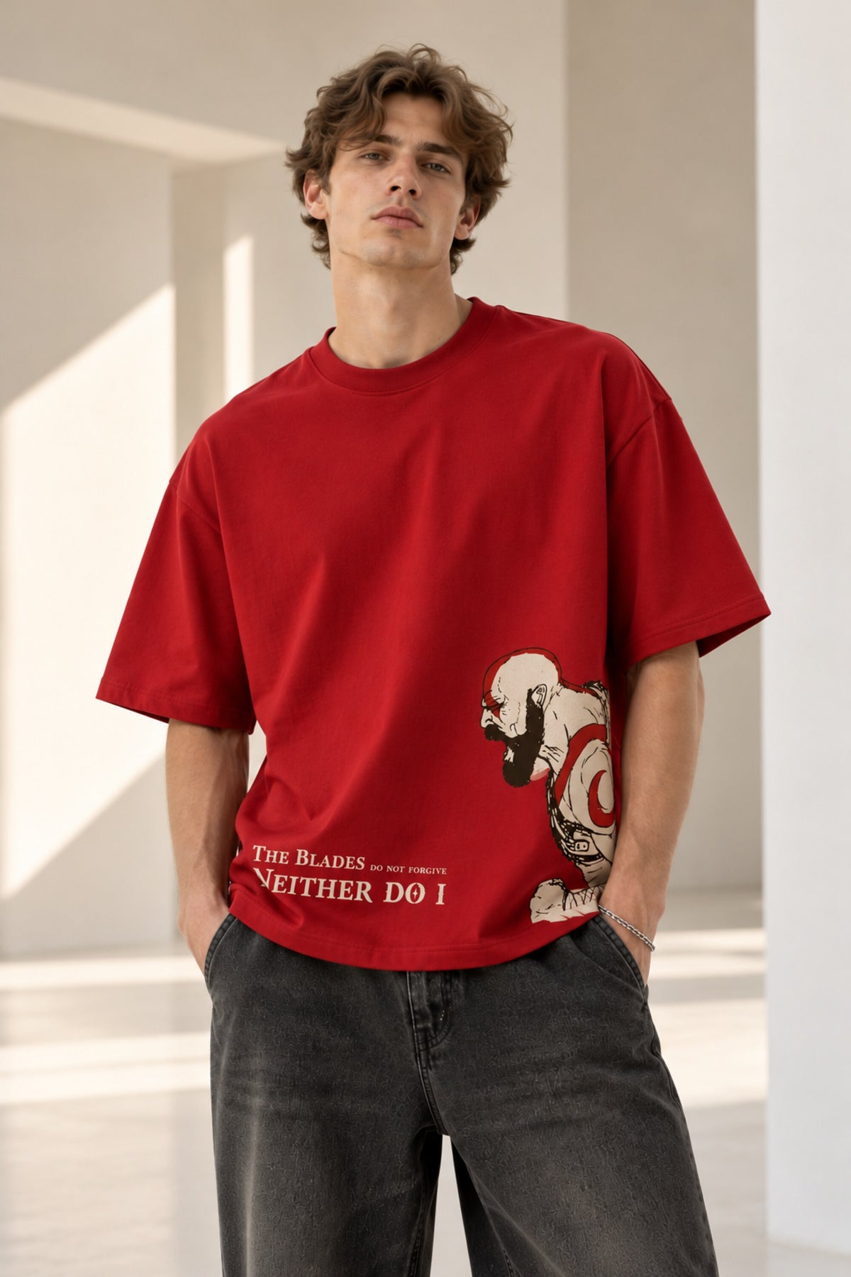 Beige oversized tshirt with red dragon The Blades text on lower chest, available in beige red black, drop shoulder boxy fit, men India - red