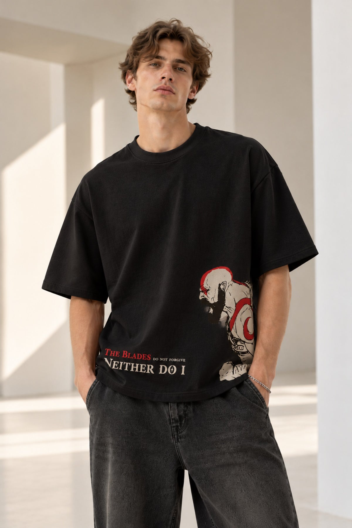 Beige oversized tshirt with red dragon The Blades text on lower chest, available in beige red black, drop shoulder boxy fit, men India - black