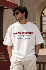 White oversized tshirt with THECOUTURECLUB dark maroon text and Endless Summer cursive print on chest, drop shoulder boxy fit, men India