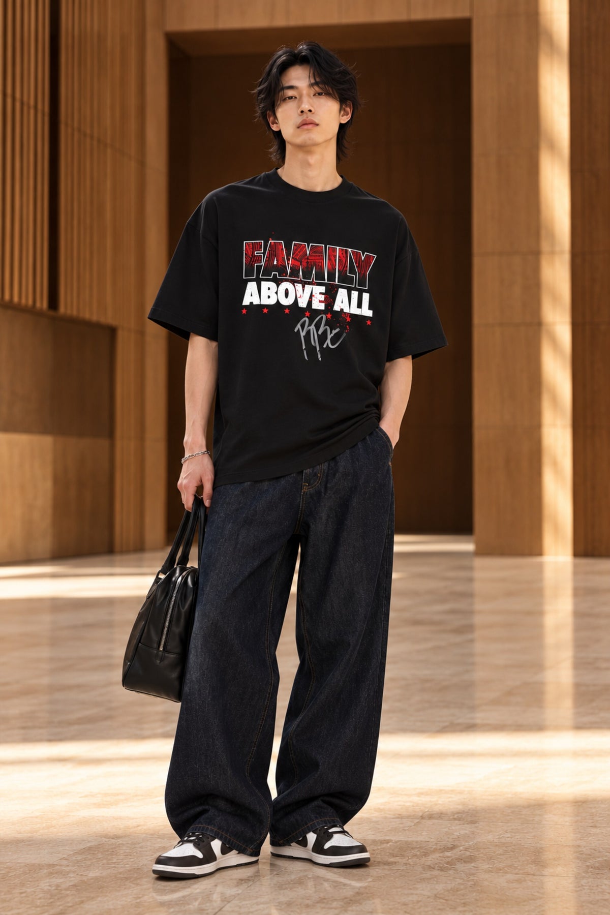 Black oversized tshirt with Family Above All bold red and white text on front, Roman Reigns Bloodline WWE design, drop shoulder boxy fit, men India - black