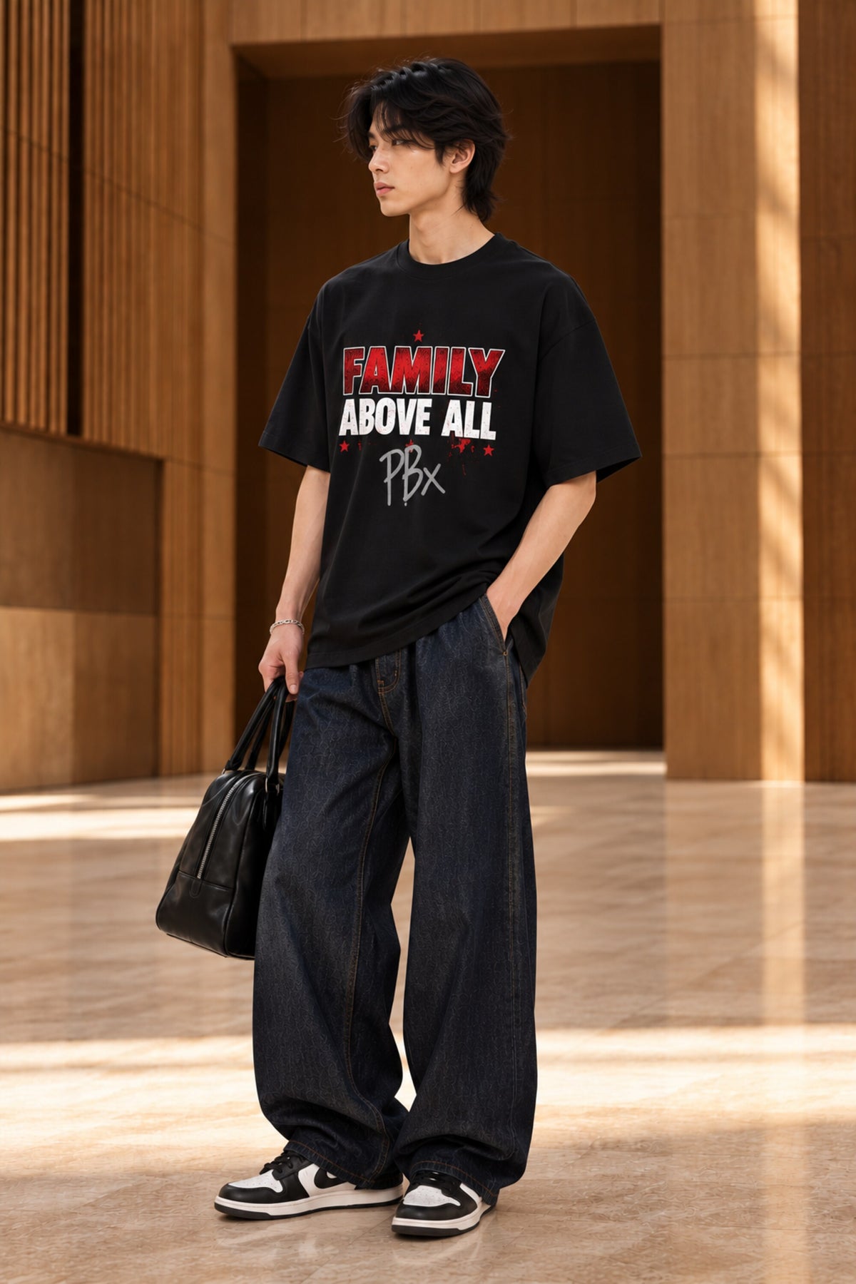 Black oversized tshirt with Family Above All bold red and white text on front, Roman Reigns Bloodline WWE design, drop shoulder boxy fit, men India