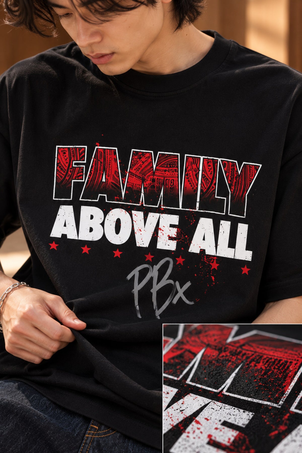 Black oversized tshirt with Family Above All bold red and white text on front, Roman Reigns Bloodline WWE design, drop shoulder boxy fit, men India