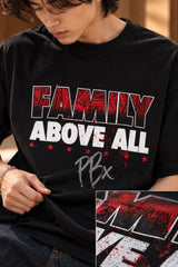 Black oversized tshirt with Family Above All bold red and white text on front, Roman Reigns Bloodline WWE design, drop shoulder boxy fit, men India