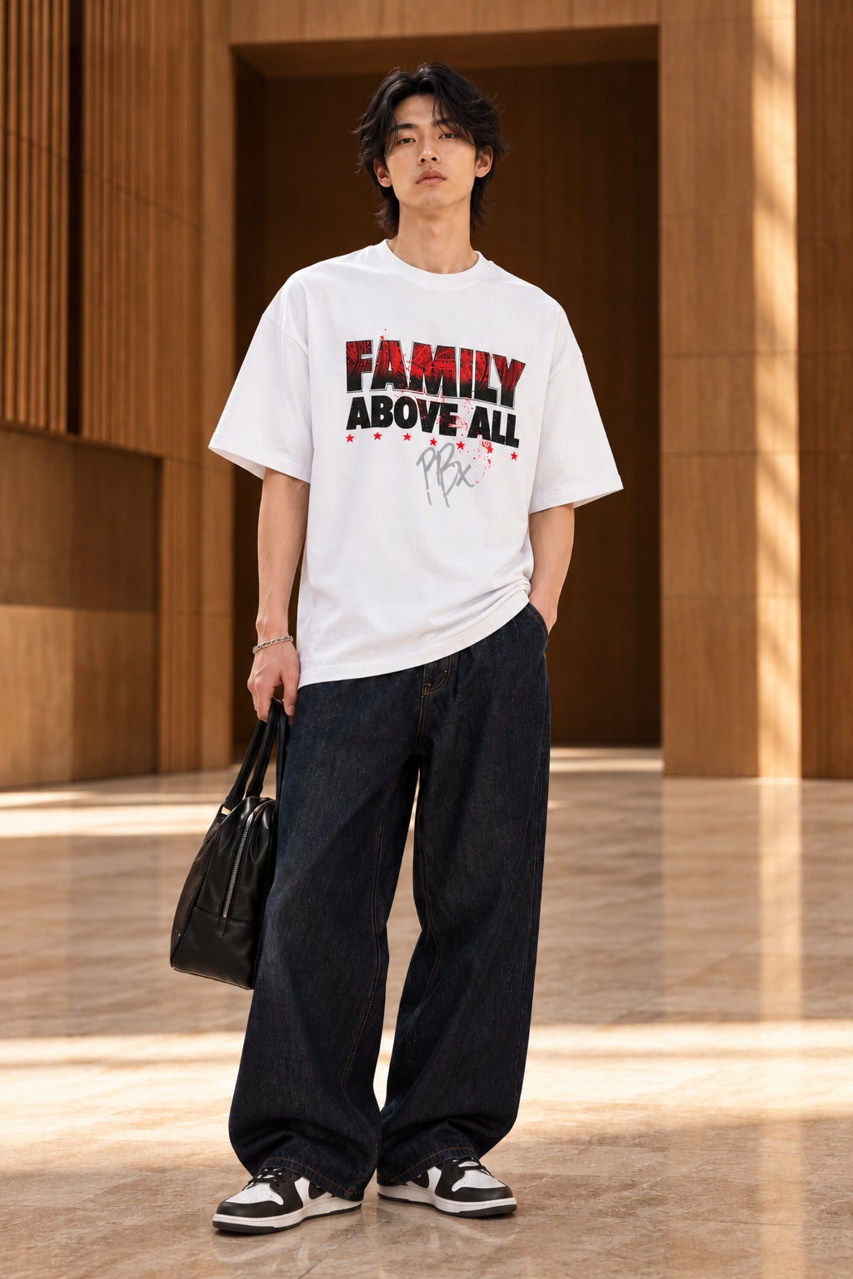 Black oversized tshirt with Family Above All bold red and white text on front, Roman Reigns Bloodline WWE design, drop shoulder boxy fit, men India - white