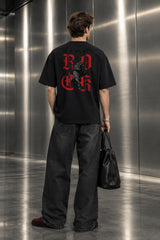 Black oversized tshirt with ROCK in bold red gothic old english lettering on front, Roman Empire WWE design, drop shoulder boxy fit, men India