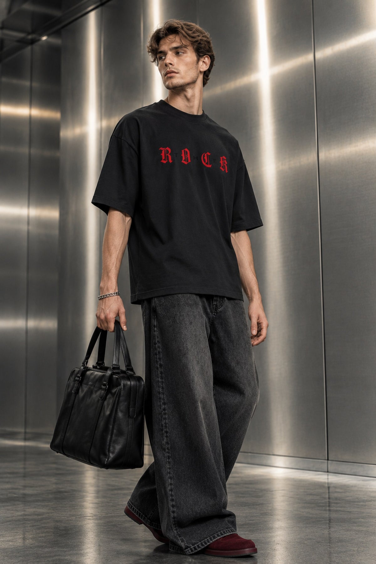 Black oversized tshirt with ROCK in bold red gothic old english lettering on front, Roman Empire WWE design, drop shoulder boxy fit, men India