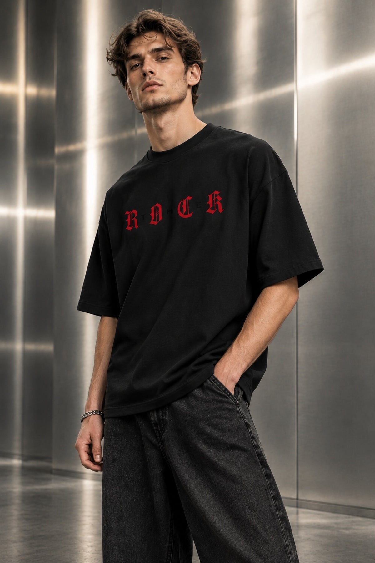 Black oversized tshirt with ROCK in bold red gothic old english lettering on front, Roman Empire WWE design, drop shoulder boxy fit, men India