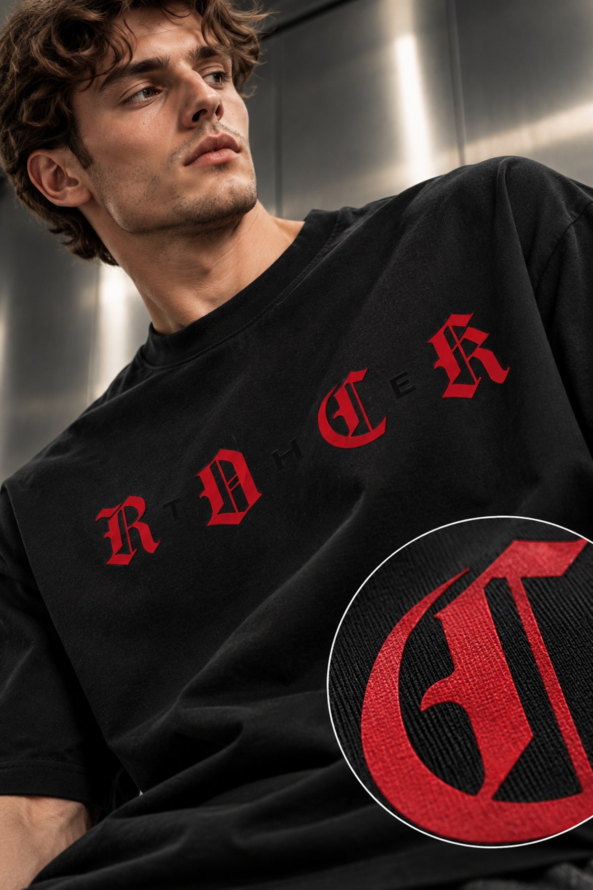 Black oversized tshirt with ROCK in bold red gothic old english lettering on front, Roman Empire WWE design, drop shoulder boxy fit, men India