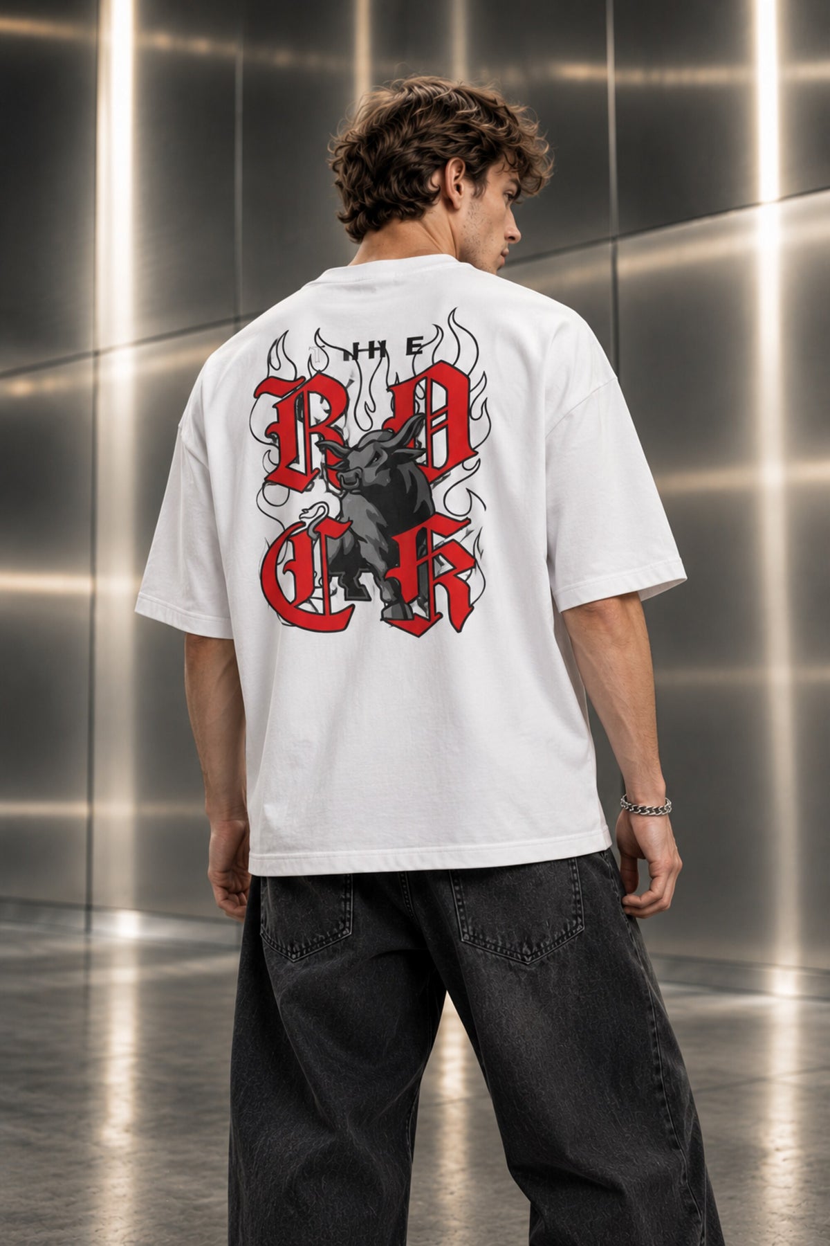 Black oversized tshirt with ROCK in bold red gothic old english lettering on front, Roman Empire WWE design, drop shoulder boxy fit, men India - white