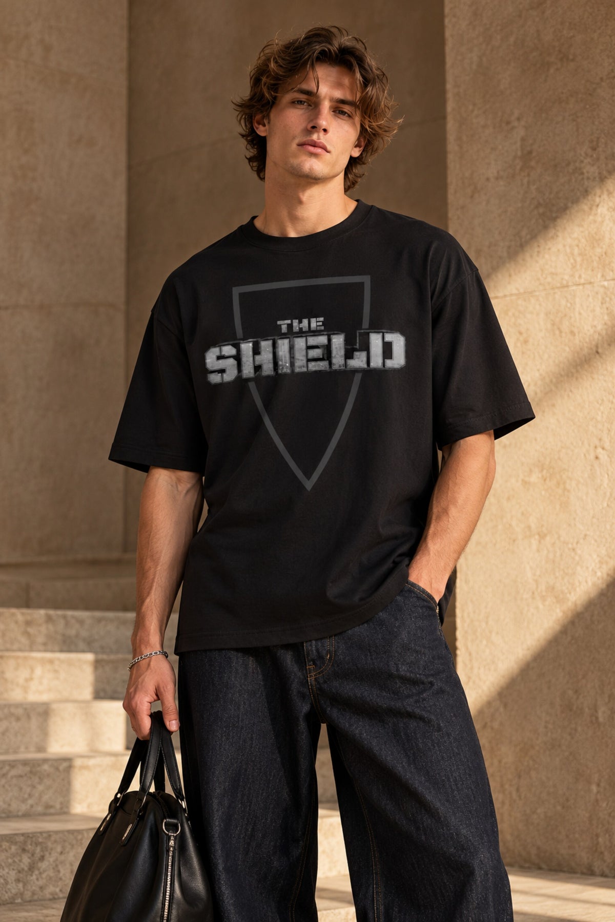 Black oversized tshirt with The Shield badge logo in dark minimal print on front, drop shoulder boxy fit, men India - black