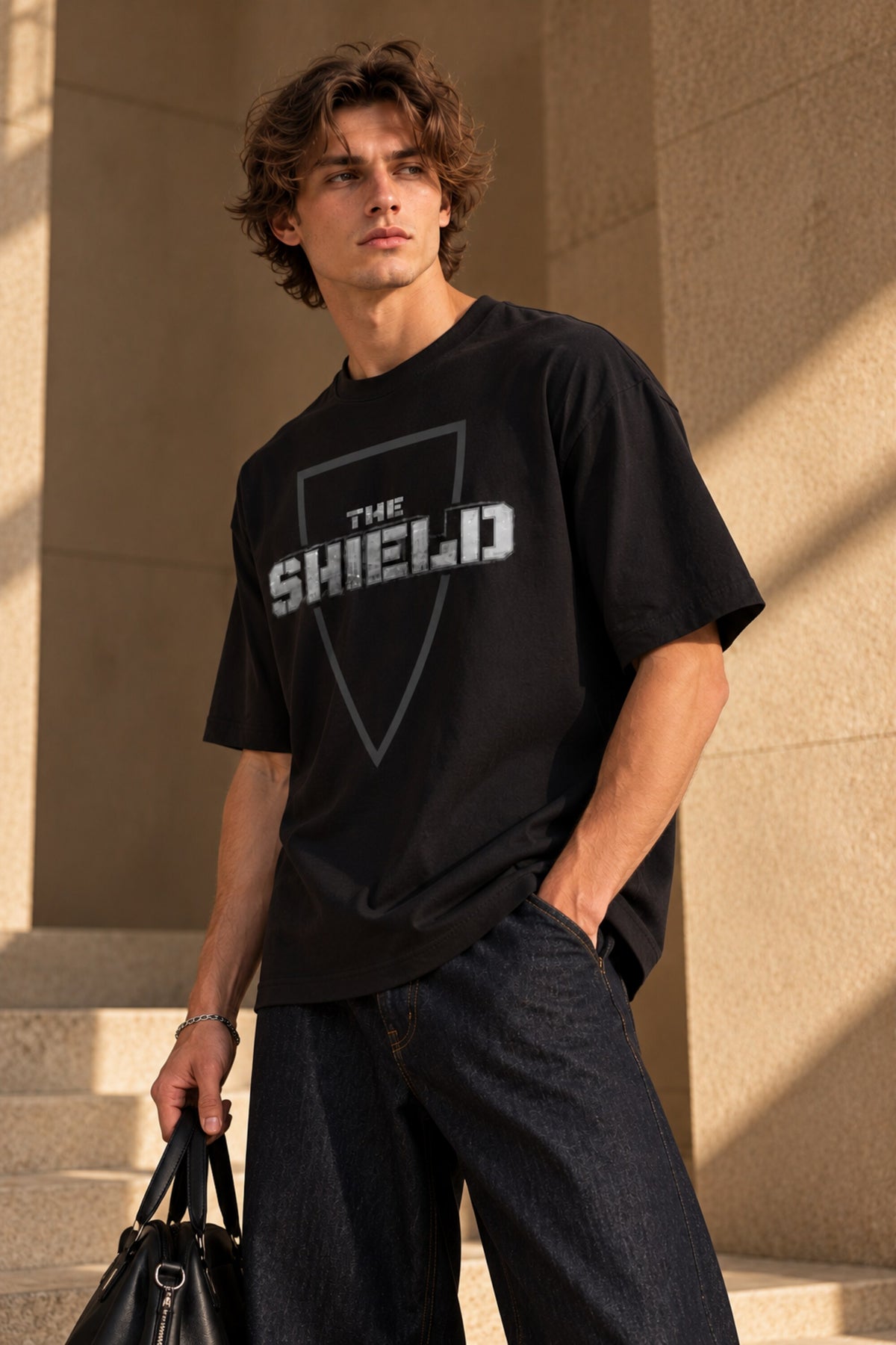 Black oversized tshirt with The Shield badge logo in dark minimal print on front, drop shoulder boxy fit, men India