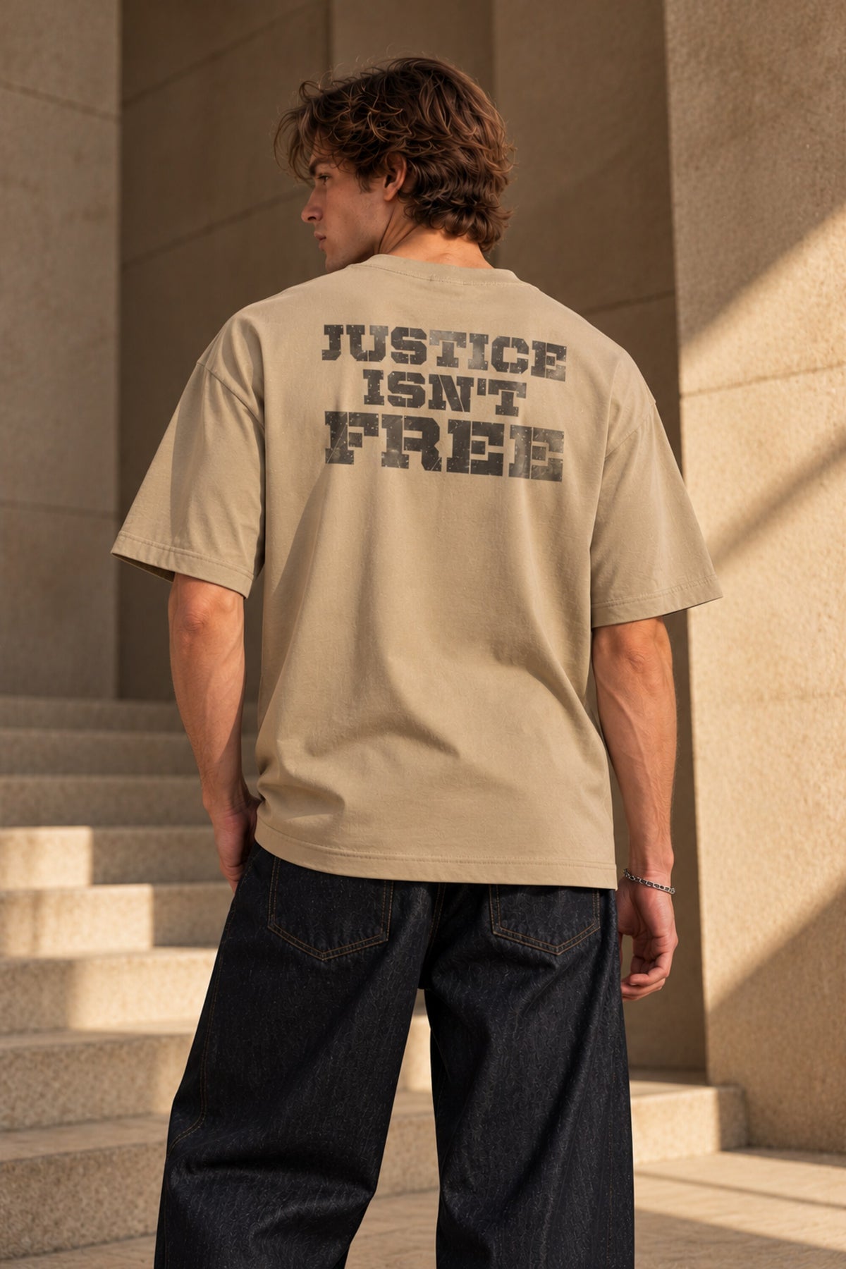 Black oversized tshirt with The Shield badge logo in dark minimal print on front, drop shoulder boxy fit, men India - beige