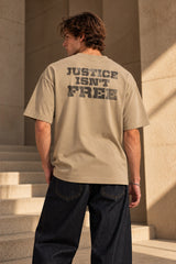 Black oversized tshirt with The Shield badge logo in dark minimal print on front, drop shoulder boxy fit, men India - beige