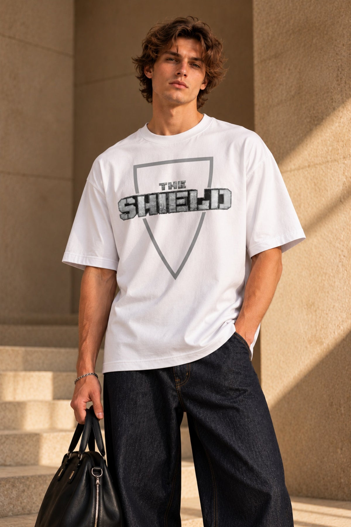 Black oversized tshirt with The Shield badge logo in dark minimal print on front, drop shoulder boxy fit, men India - white