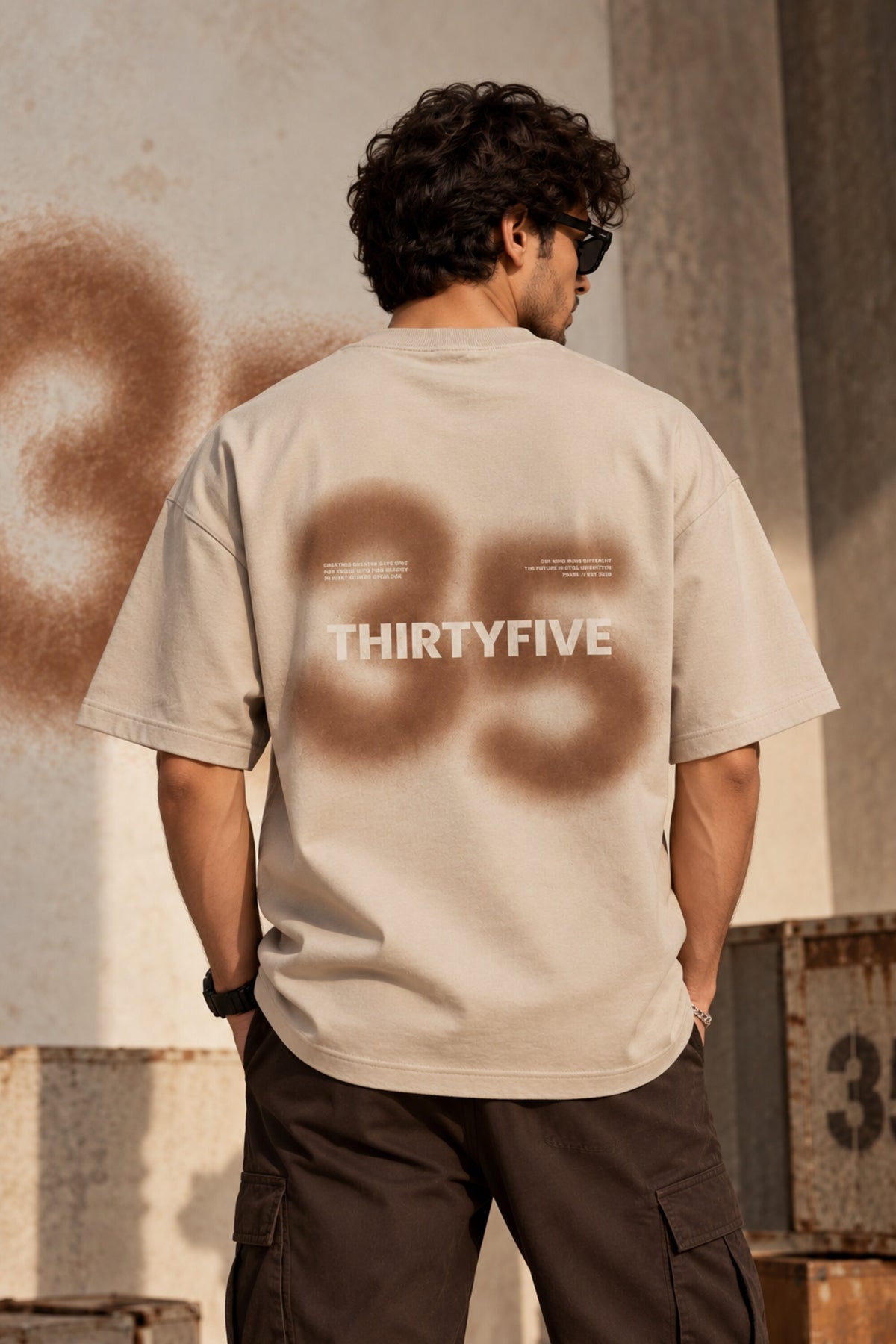 Beige oversized tshirt with bold number 35 and Thirtyfive branding on chest, drop shoulder boxy fit, men India