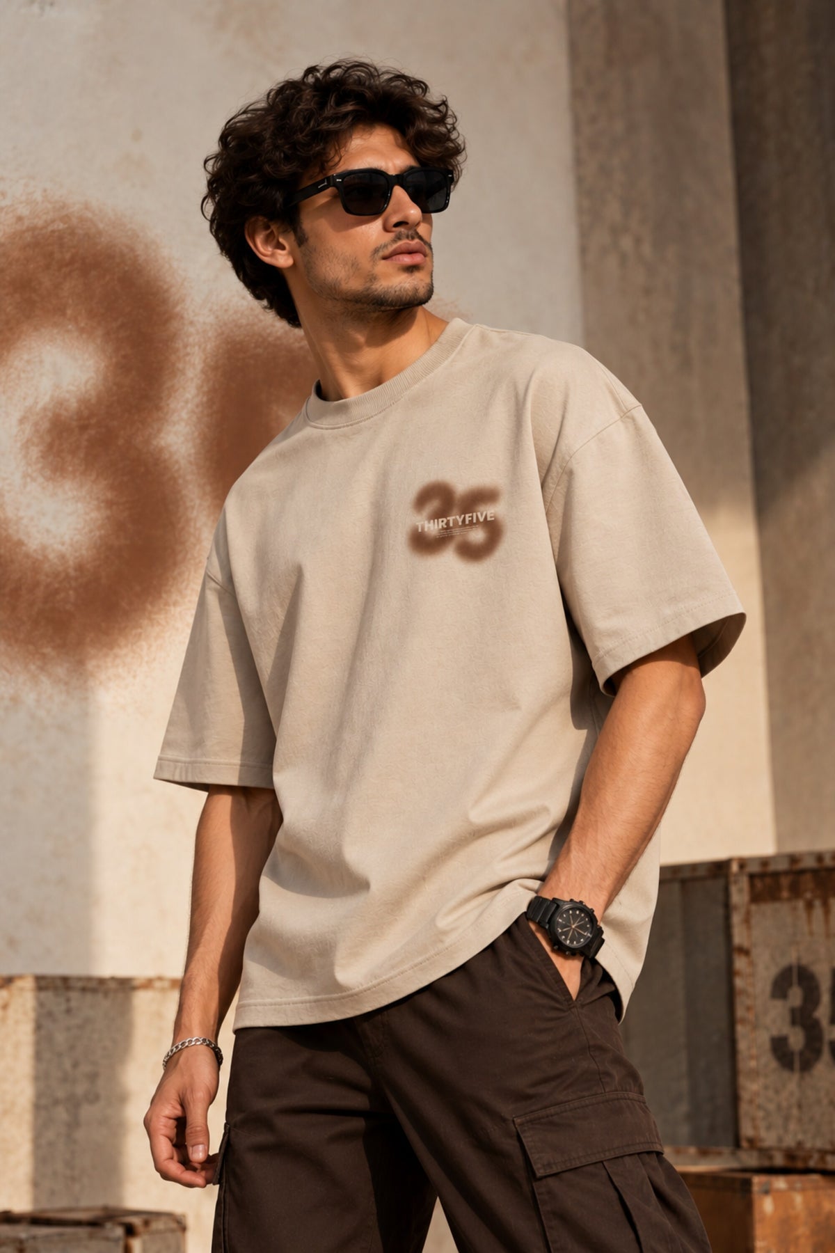 Beige oversized tshirt with bold number 35 and Thirtyfive branding on chest, drop shoulder boxy fit, men India