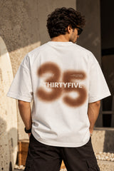 Beige oversized tshirt with bold number 35 and Thirtyfive branding on chest, drop shoulder boxy fit, men India - white