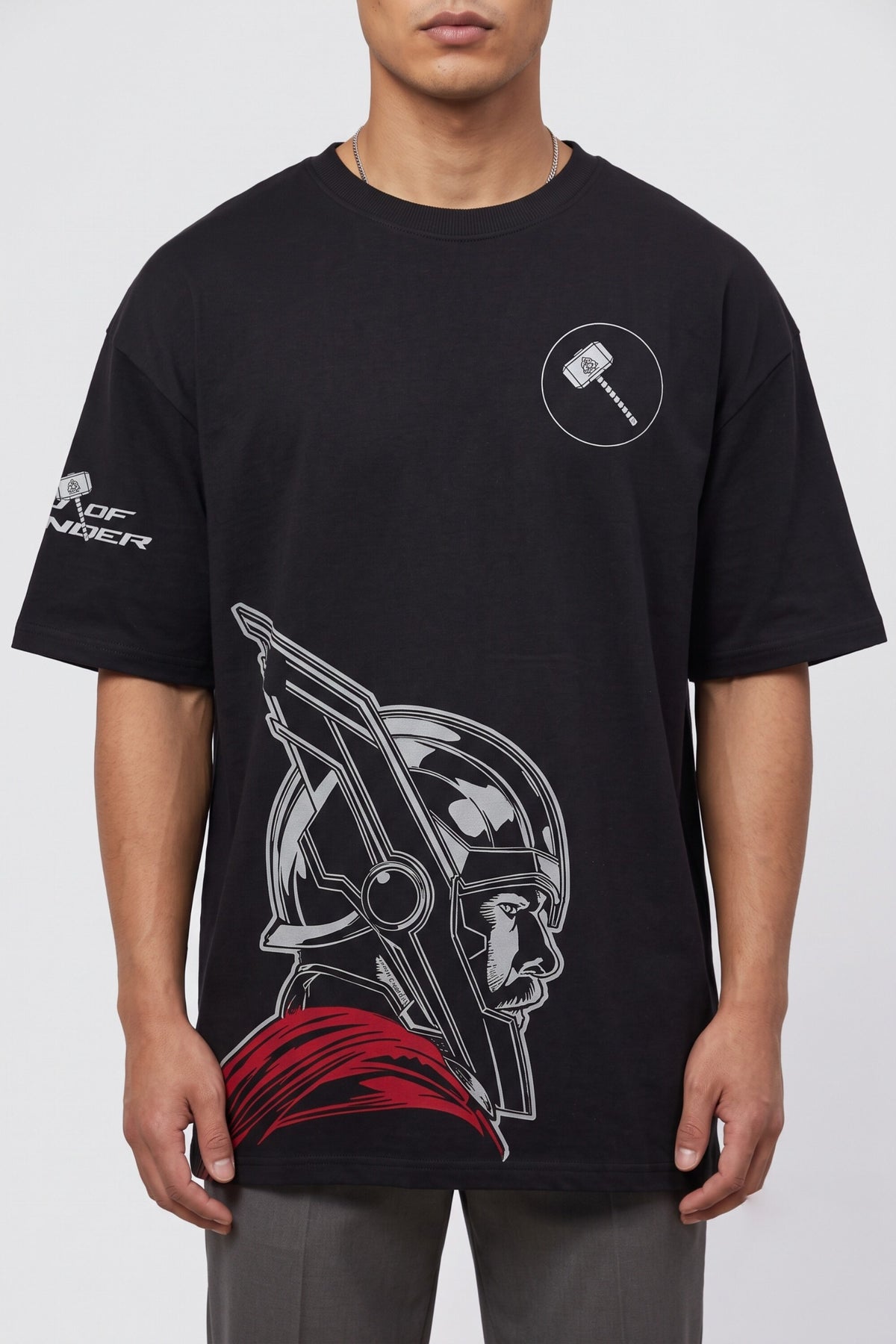 Black oversized tshirt with Thor side profile red cape and Mjolnir hammer Avengers artwork, drop shoulder boxy fit, men India