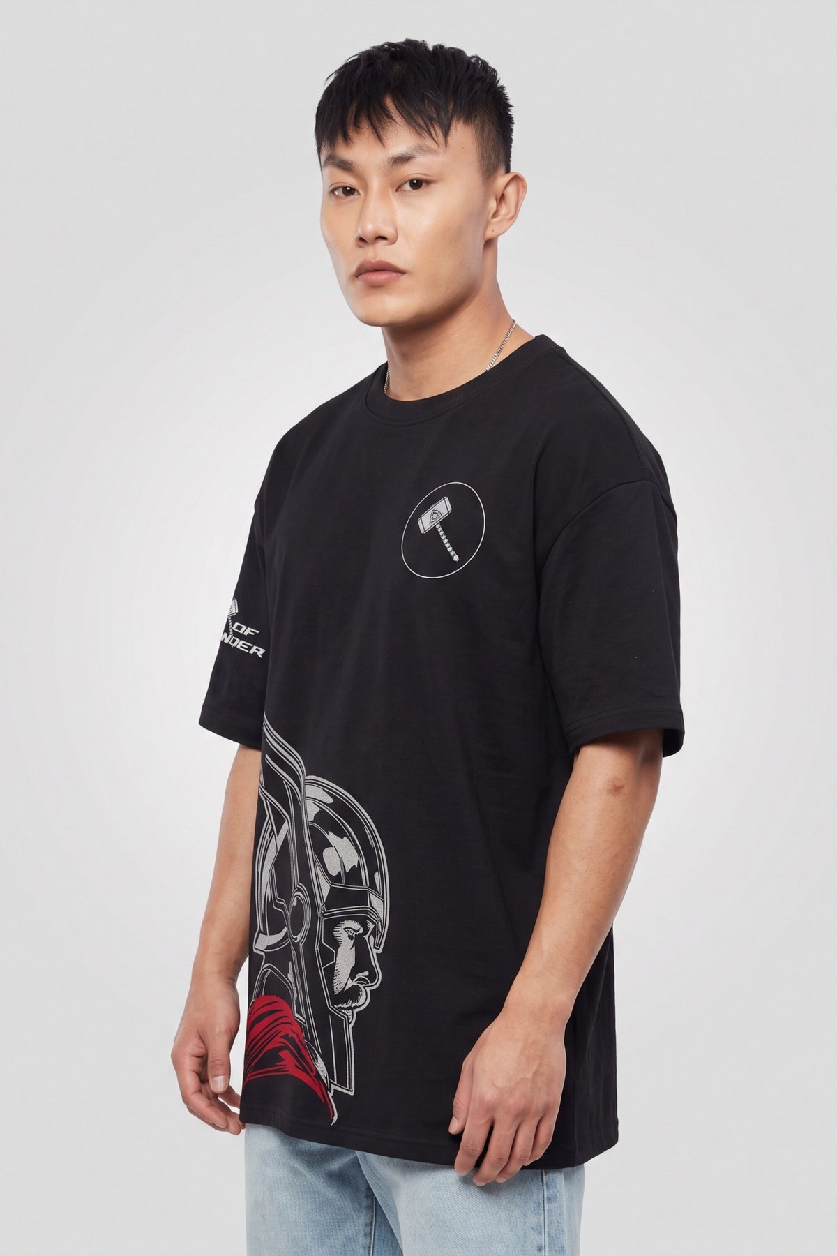 Black oversized tshirt with Thor side profile red cape and Mjolnir hammer Avengers artwork, drop shoulder boxy fit, men India