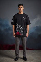 Black oversized tshirt with Thor side profile red cape and Mjolnir hammer Avengers artwork, drop shoulder boxy fit, men India