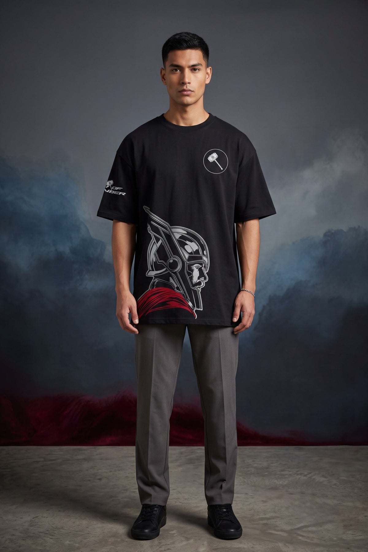 Black oversized tshirt with Thor side profile red cape and Mjolnir hammer Avengers artwork, drop shoulder boxy fit, men India