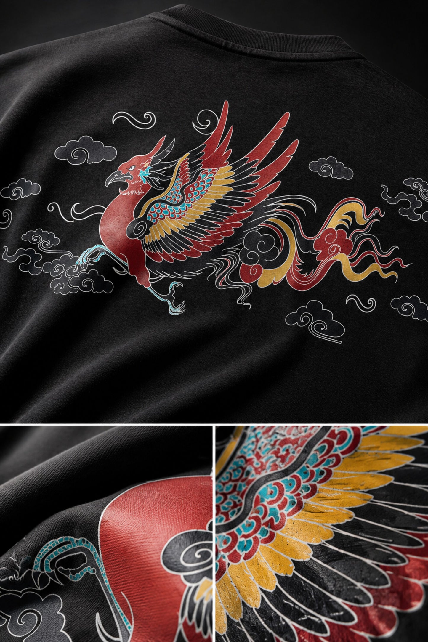 Black oversized t-shirt with Tibetan script in red on golden decorative banner, spiritual streetwear India