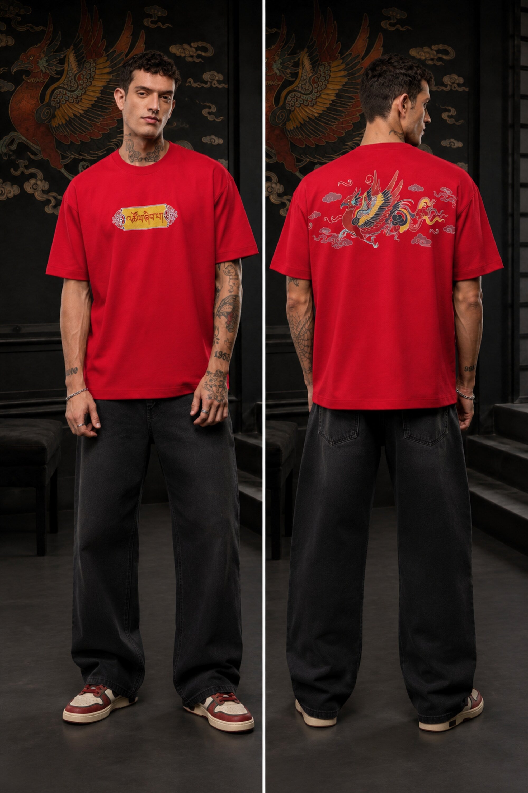 Black oversized t-shirt with Tibetan script in red on golden decorative banner, spiritual streetwear India - red