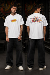 Black oversized t-shirt with Tibetan script in red on golden decorative banner, spiritual streetwear India - white