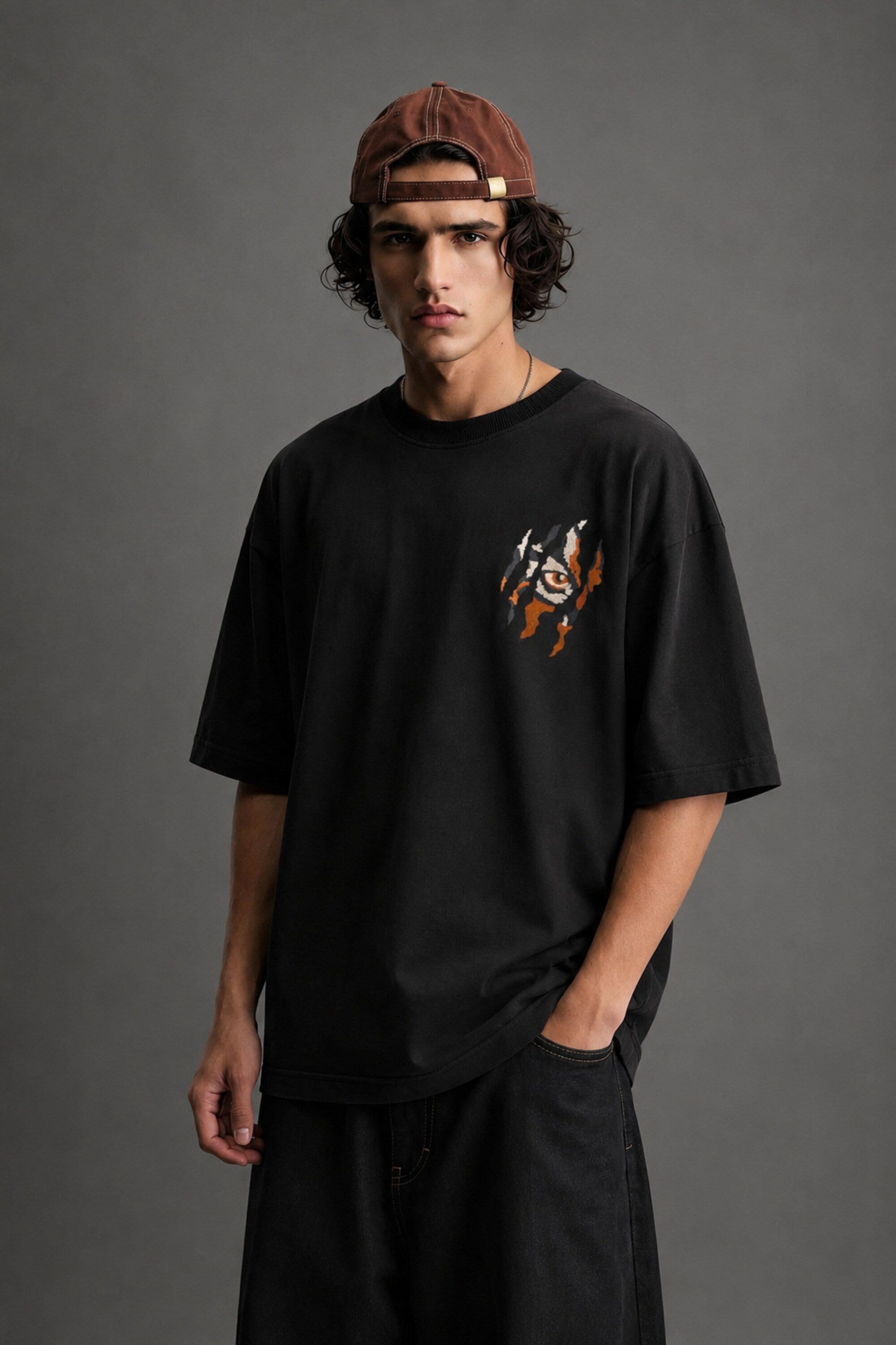 POPCASE Tiger Black oversized graphic t shirt with tiger claw rip eye design premium cotton streetwear