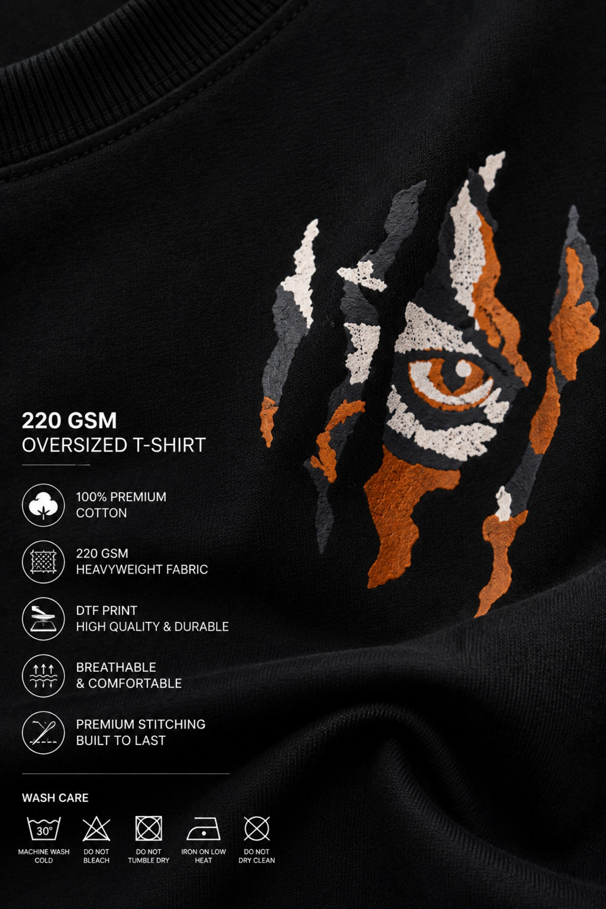 POPCASE Tiger Black oversized graphic t shirt with tiger claw rip eye design premium cotton streetwear