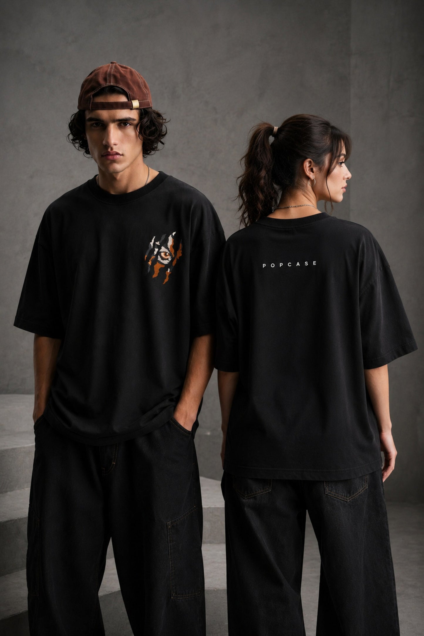 POPCASE Tiger Black oversized graphic t shirt with tiger claw rip eye design premium cotton streetwear