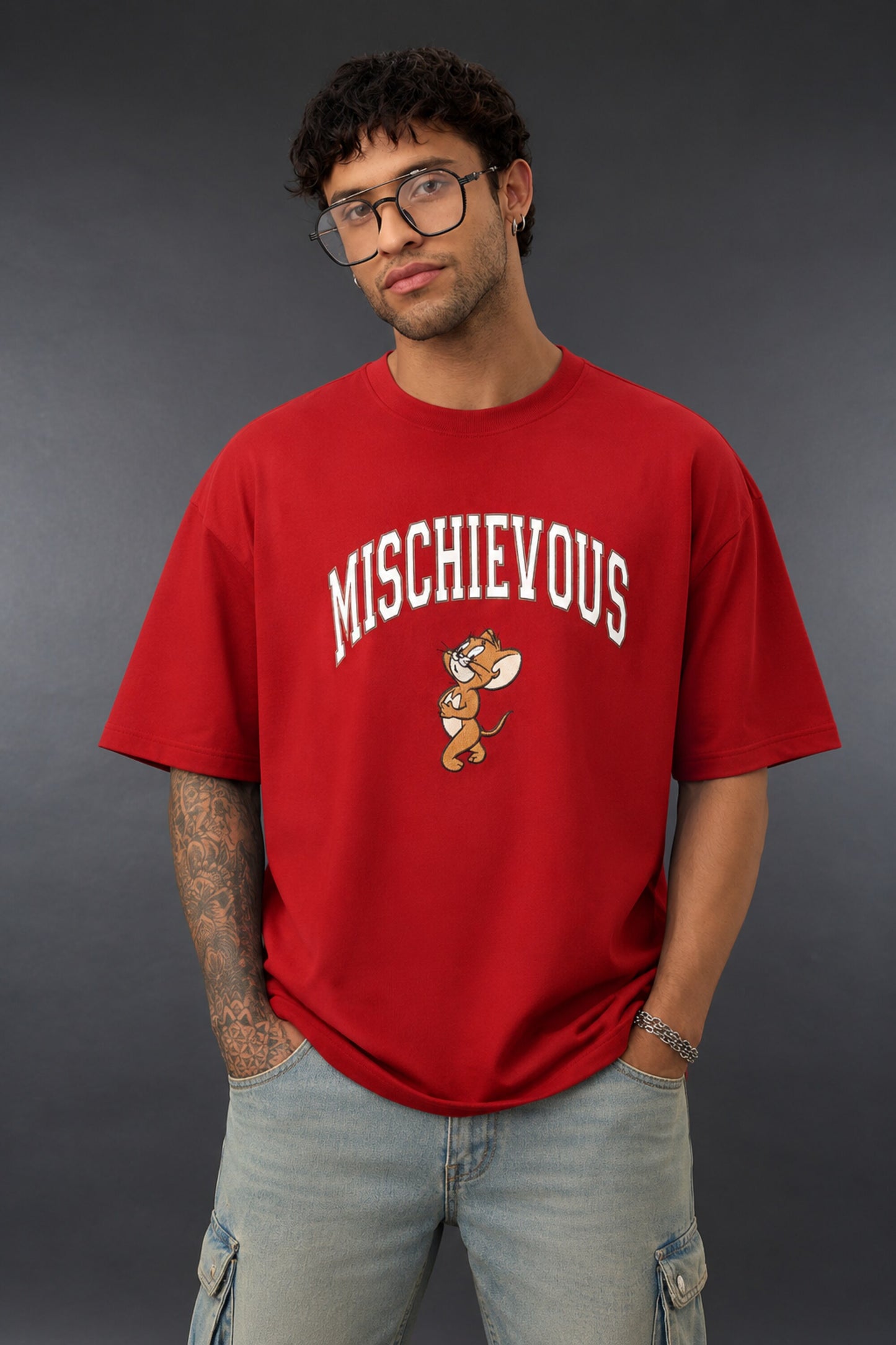 POPCASE Tom and Jerry Mischievous beige black graphic oversized t shirt collegiate text Jerry mouse back logo streetwear tshirt - red