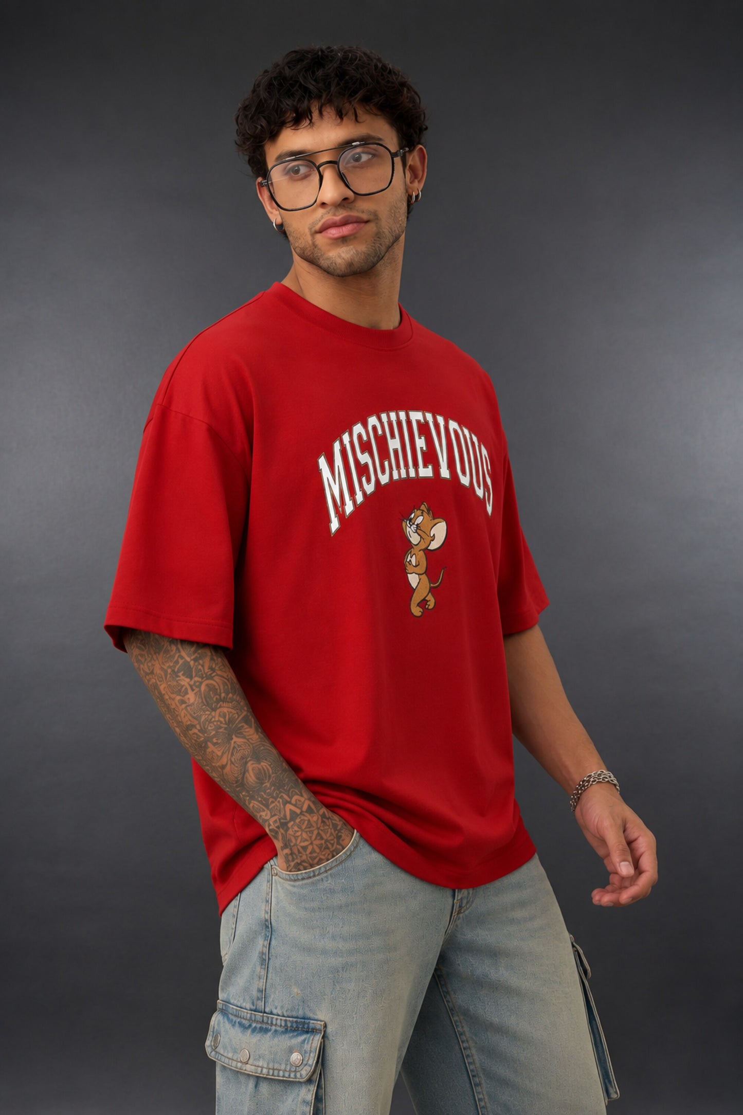 POPCASE Tom and Jerry Mischievous beige black graphic oversized t shirt collegiate text Jerry mouse back logo streetwear tshirt