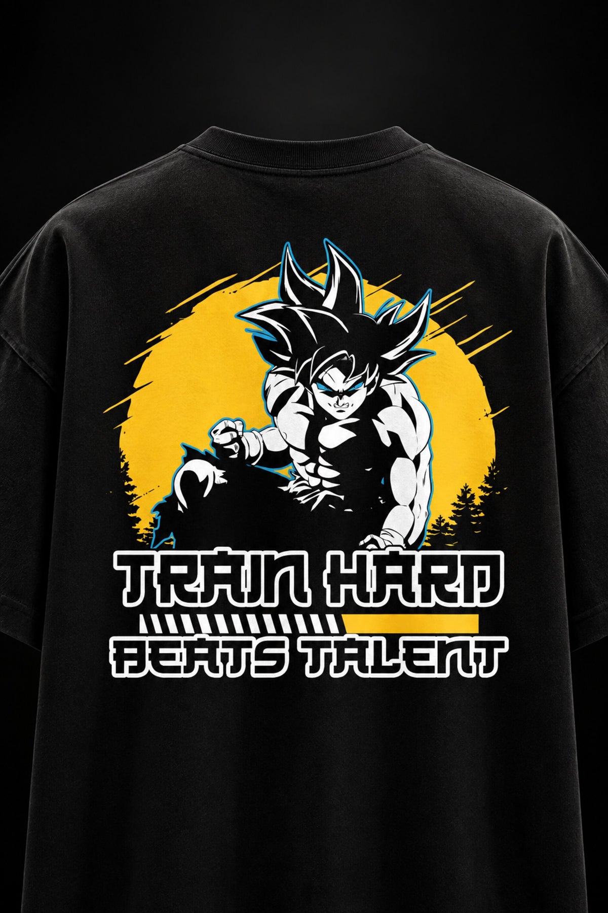 Black Dragon Ball Z anime oversized tshirt with Goku fighting pose HD print and Train Hard Beats Talent motivational text