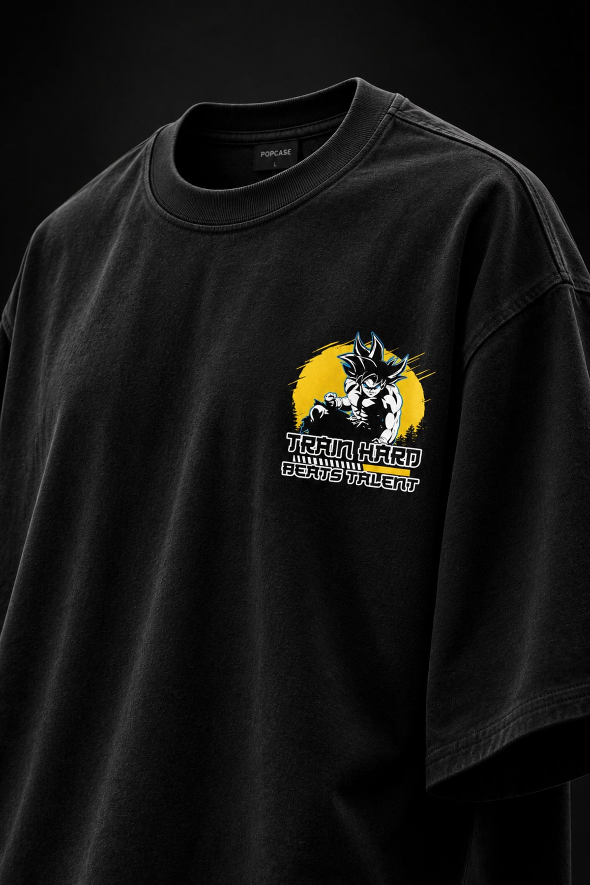Black Dragon Ball Z anime oversized tshirt with Goku fighting pose HD print and Train Hard Beats Talent motivational text