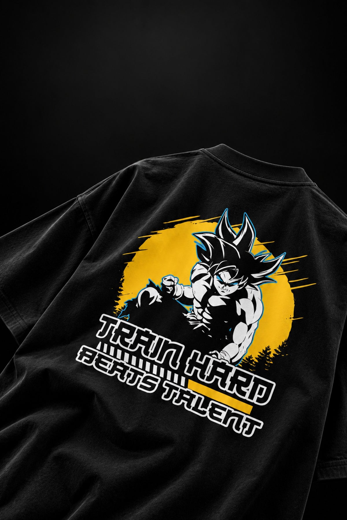 Black Dragon Ball Z anime oversized tshirt with Goku fighting pose HD print and Train Hard Beats Talent motivational text