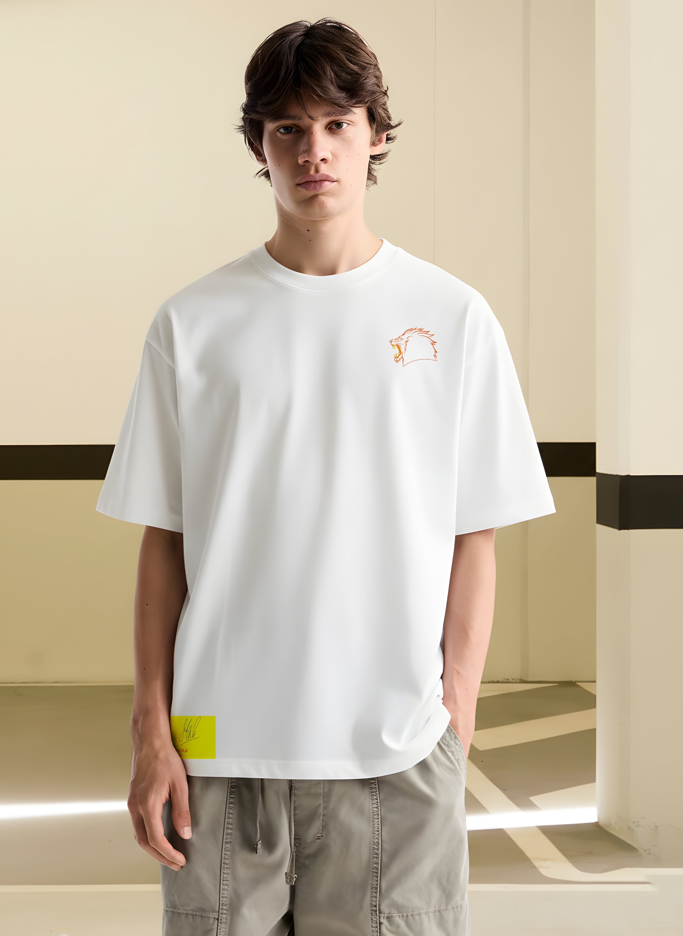Person wearing a CSK white t-shirt with a small logo on a neutral background