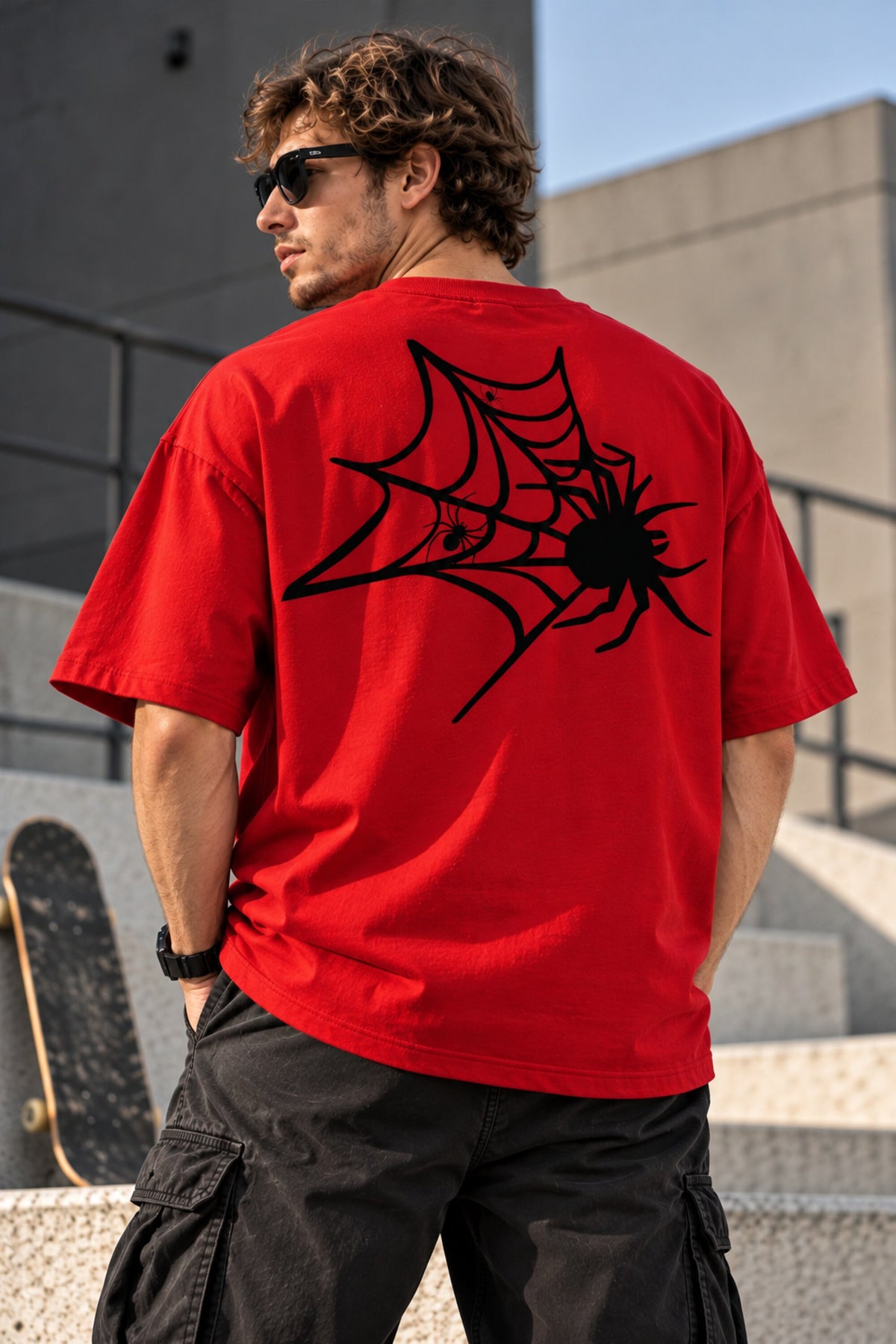 Black oversized tshirt with bold red spider web and hanging spider illustration, urban streetwear print, drop shoulder boxy fit, men India