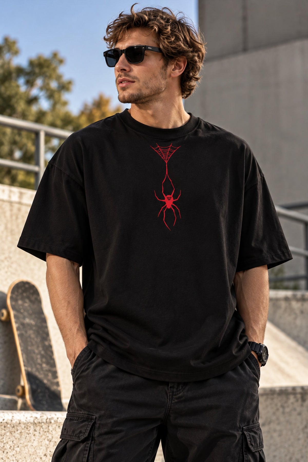 Black oversized tshirt with bold red spider web and hanging spider illustration, urban streetwear print, drop shoulder boxy fit, men India