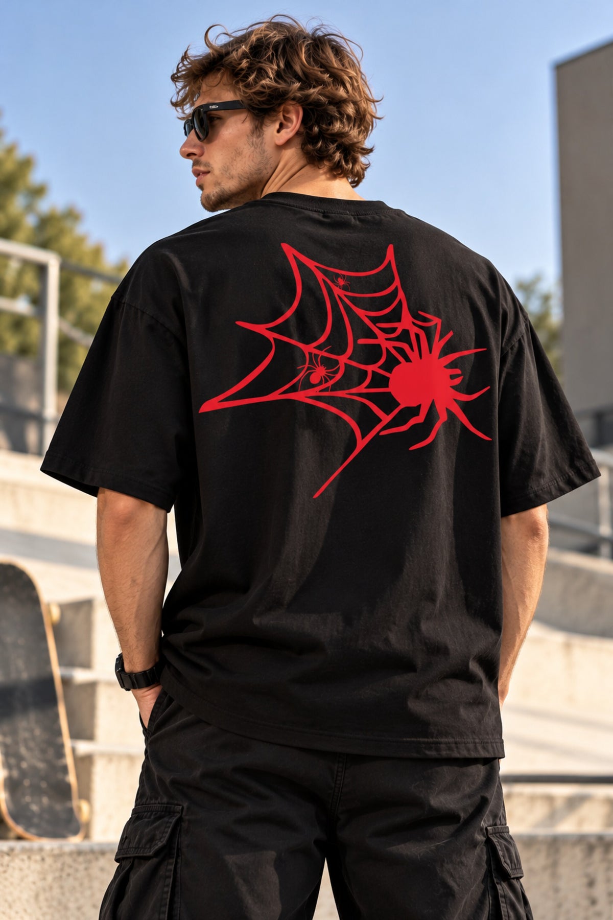 Black oversized tshirt with bold red spider web and hanging spider illustration, urban streetwear print, drop shoulder boxy fit, men India