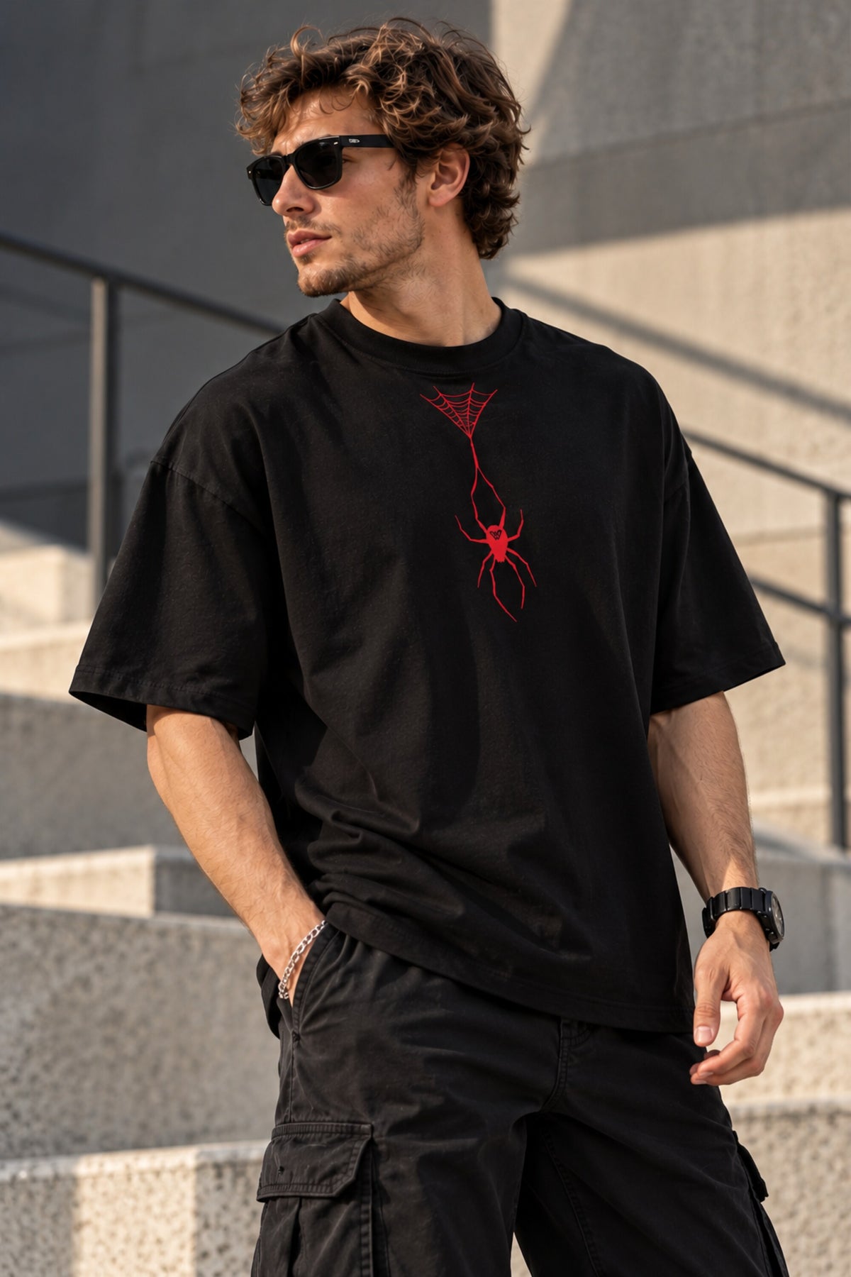 Black oversized tshirt with bold red spider web and hanging spider illustration, urban streetwear print, drop shoulder boxy fit, men India