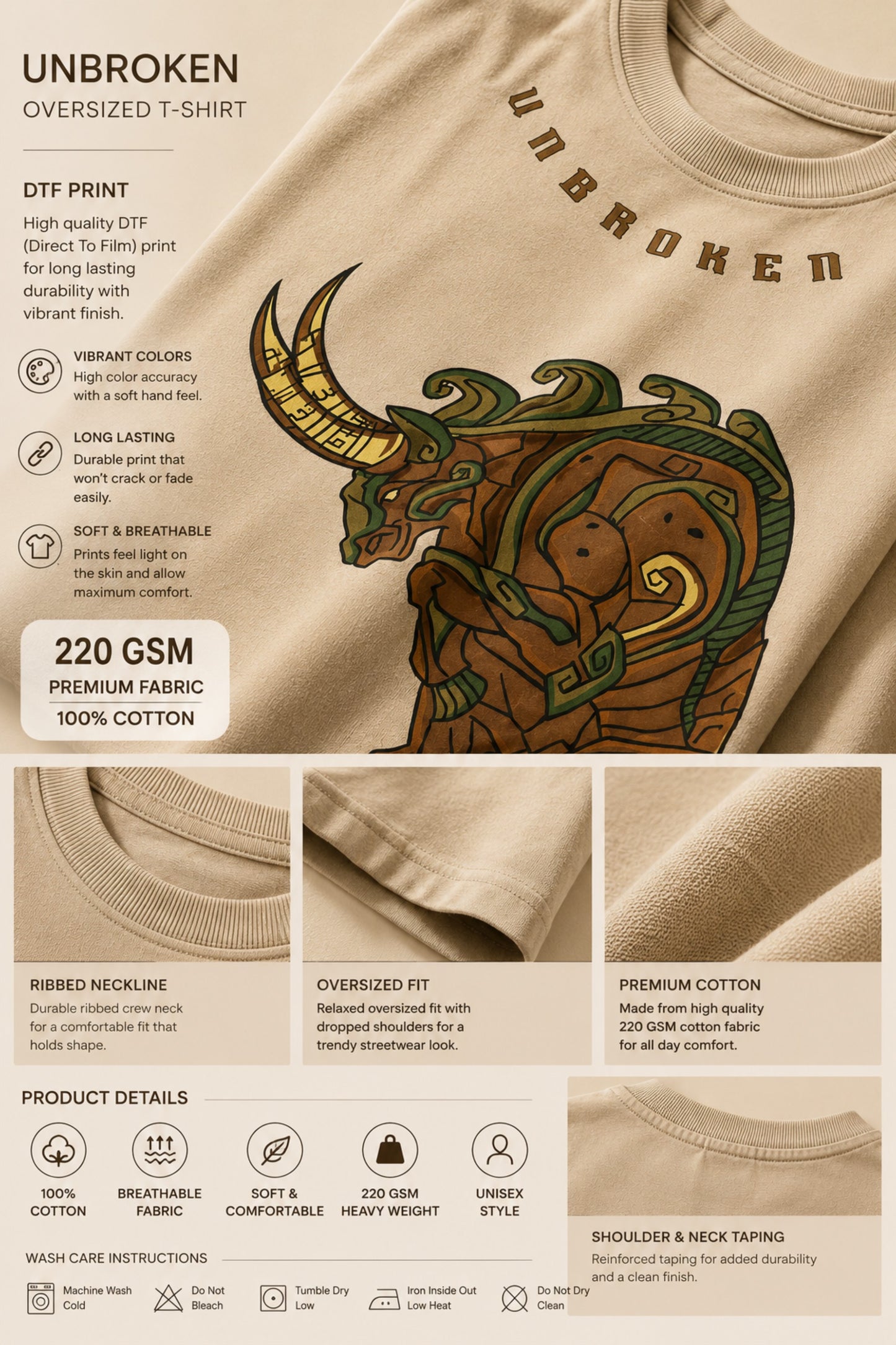 Unbroken Design oversized t-shirt in a beige hue featuring a detailed, stylized brown and green bull graphic print and "UNBROKEN" text across the chest. Showcases ribbed neckline.