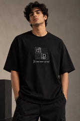 Black Sanskrit oversized tshirt with geometric Vedic diagram HD print and The New Wave of Ved text on front chest - black