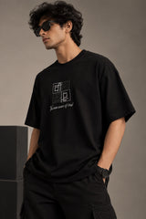 Black Sanskrit oversized tshirt with geometric Vedic diagram HD print and The New Wave of Ved text on front chest