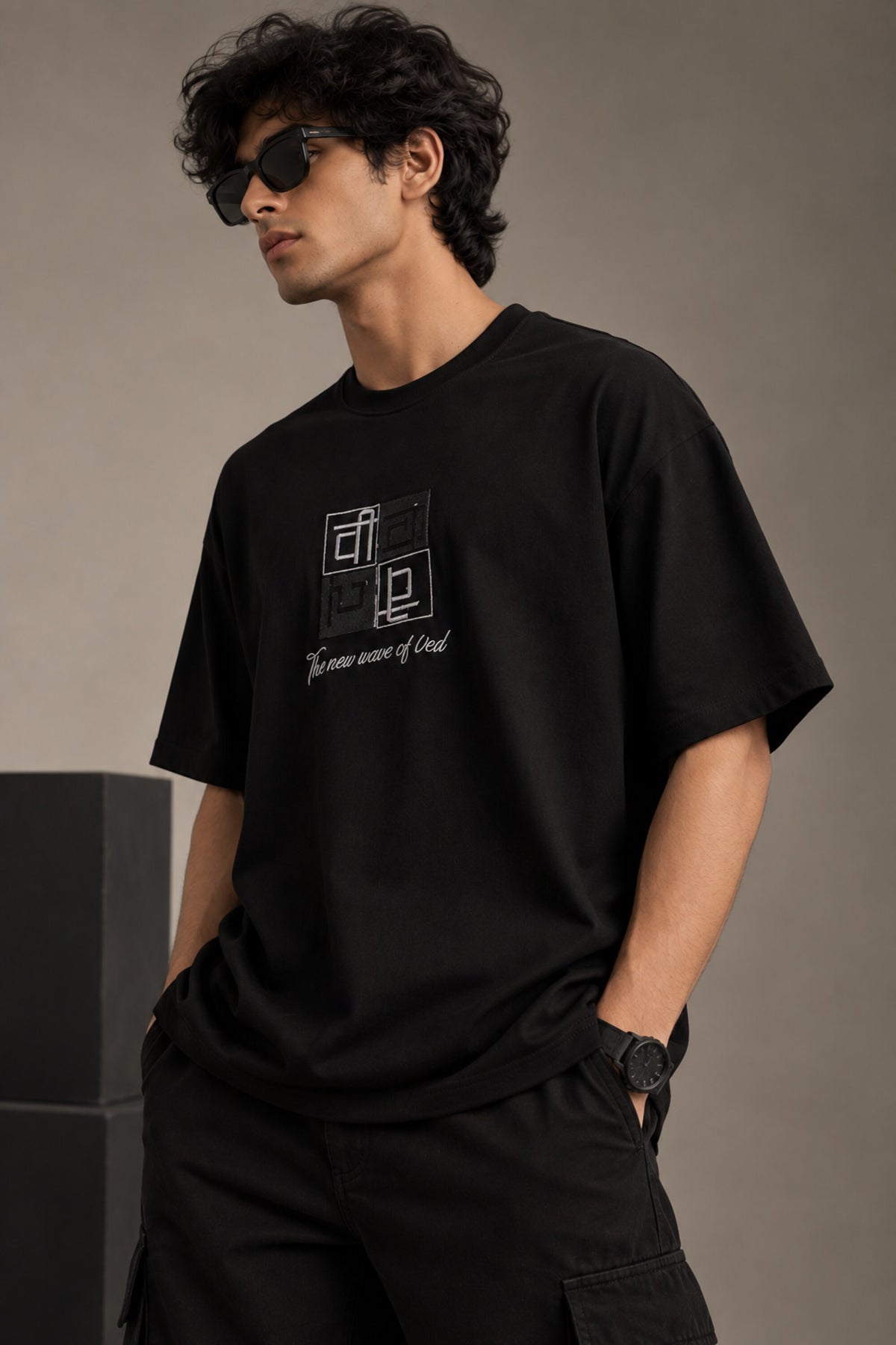 Black Sanskrit oversized tshirt with geometric Vedic diagram HD print and The New Wave of Ved text on front chest