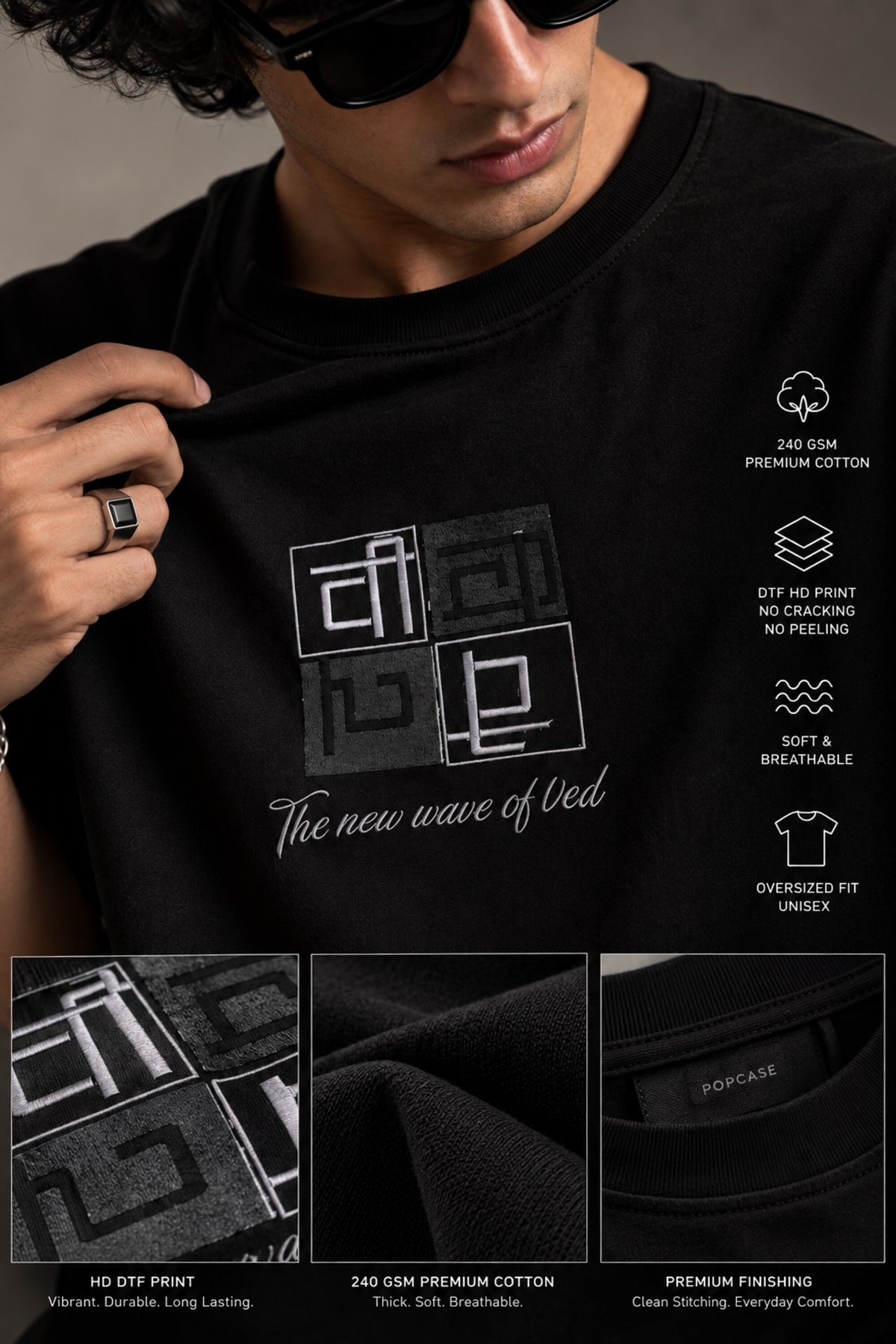 Black Sanskrit oversized tshirt with geometric Vedic diagram HD print and The New Wave of Ved text on front chest