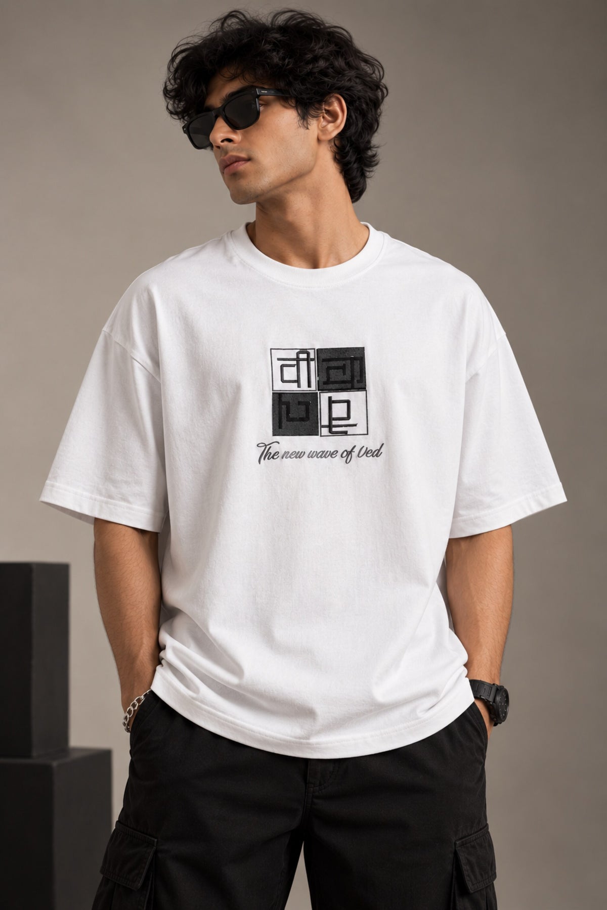 Black Sanskrit oversized tshirt with geometric Vedic diagram HD print and The New Wave of Ved text on front chest - white