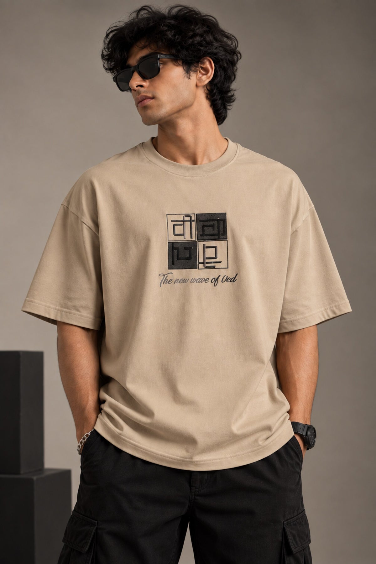 Black Sanskrit oversized tshirt with geometric Vedic diagram HD print and The New Wave of Ved text on front chest - beige
