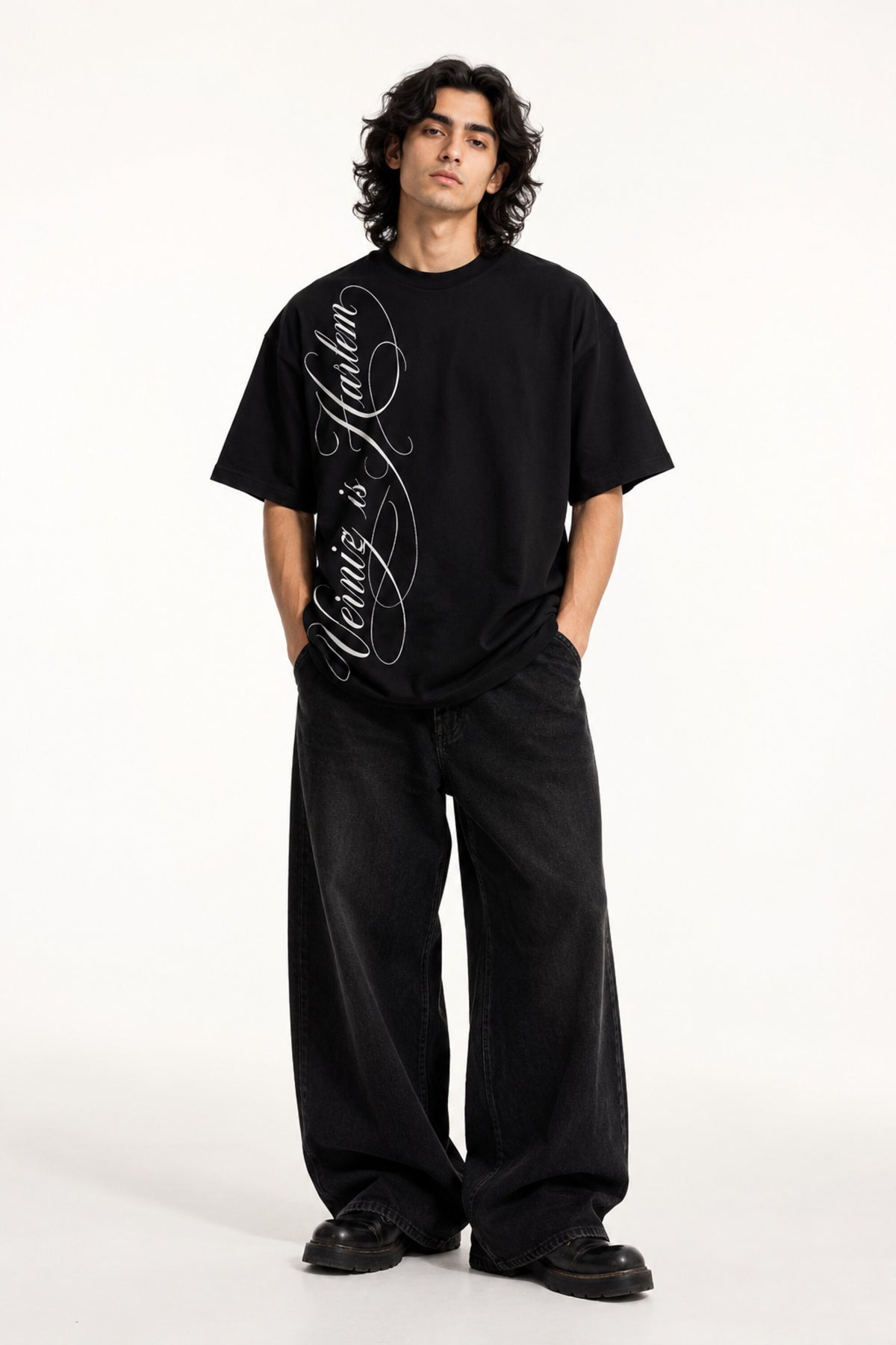 Black oversized tshirt with sweeping Harlem calligraphy script print from shoulder to hem, drop shoulder boxy fit, men India