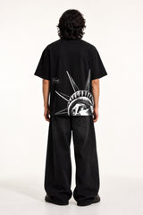 Black oversized tshirt with sweeping Harlem calligraphy script print from shoulder to hem, drop shoulder boxy fit, men India